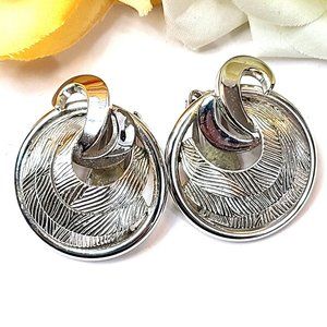 Coro Vintage Sculptured Textured Earrings Clip-On Back Nature Artsy Silver-Tone